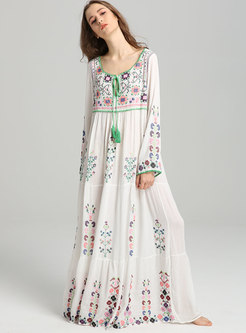 Boho Scoop Neck Embroidered Shift Maxi Dress