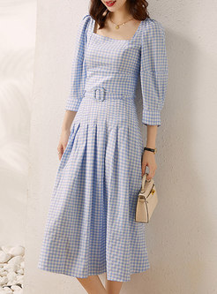 Square Neck Plaid Belted Midi Skirt Suits