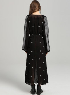 Boho Black V-neck Embroidered Fringe Maxi Dress