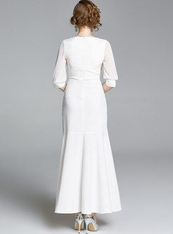 White Half Sleeve Ruched Asymmetric Prom Dress