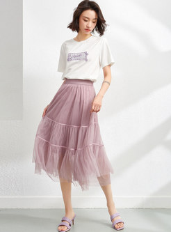 Pink High Waisted A Line Midi Mesh Skirt