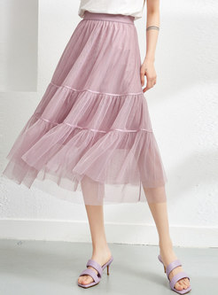 Pink High Waisted A Line Midi Mesh Skirt