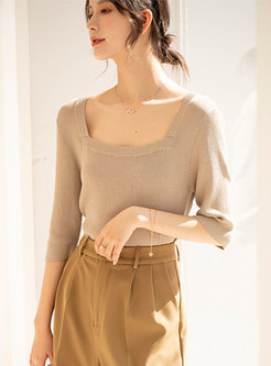 Square Neck Half Sleeve Pullover Knit Top