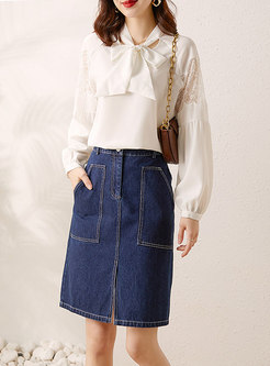 Lace Openwork Blouse & High Waisted Denim Skirt