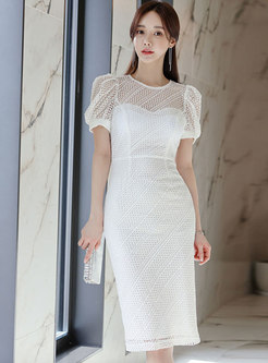White Lace Puff Sleeve Openwork Bodycon Dress