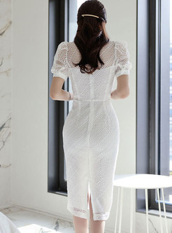 White Lace Puff Sleeve Openwork Bodycon Dress
