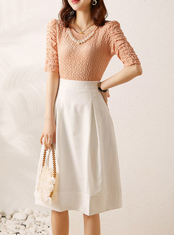 Half Sleeve Ruched Top & A Line Midi Skirt