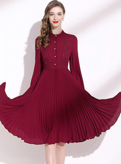 Wine Red Mock Neck Lace Patchwork Chiffon Dress