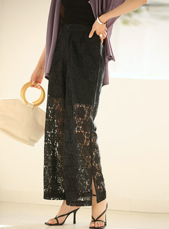 High Waisted Lace Openwork Wide Leg Pants