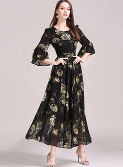 Boho Black Print 3/4 Sleeve Big Hem Maxi Dress