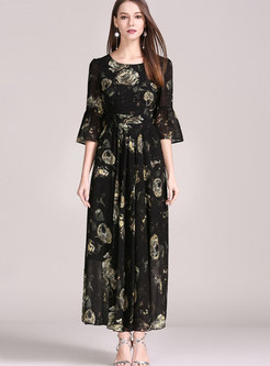 Boho Black Print 3/4 Sleeve Big Hem Maxi Dress
