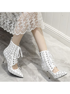 Pointed Toe Rivet Openwork Lace-up Pumps