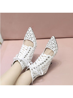 Pointed Toe Rivet Openwork Lace-up Pumps