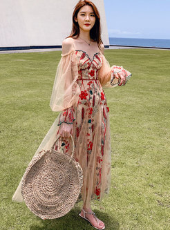 Off-the-shoulder Embroidered Mesh Maxi Dress