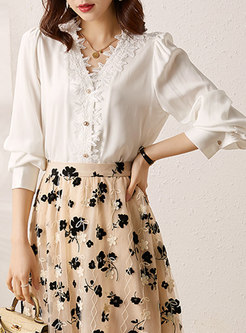 Lace Patchwork Silk V-neck Solid Blouse