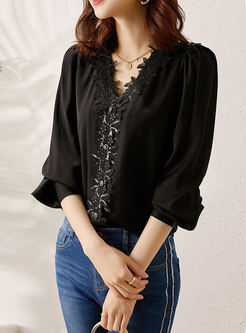 Lace Patchwork Silk V-neck Solid Blouse