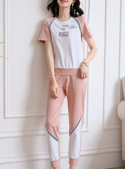 Pink Casual Letter Patchwork Pant Suits