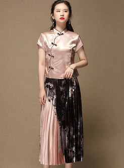 Retro Mandarin Collar Blouse & Pleated Maxi Skirt