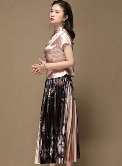 Retro Mandarin Collar Blouse & Pleated Maxi Skirt