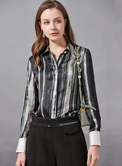Turn-down Collar Striped Silk Blouse