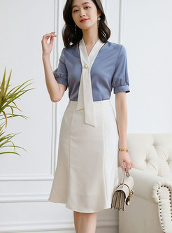 V-neck Ribbon Color Block Peplum Skirt Suits