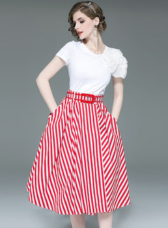 Brief White T-shirt & Striped Big Hem Skirt