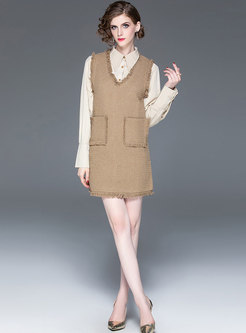 Casual Lapel Blouse & Fringed Sleeveless Mini Dress