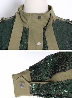 Sequin Patchwork Flap Pocket Drawstring Jacket