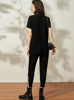Black Casual Crew Neck High Waisted Pants Suits