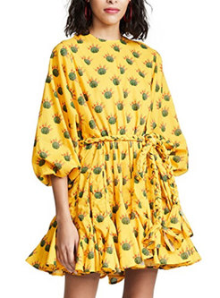 Boho Lantern Sleeve Print Pleated Mini Dress