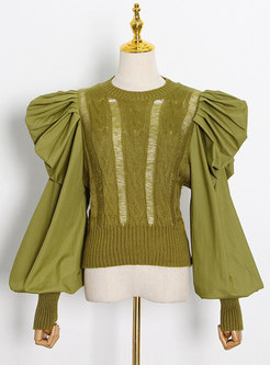 Openwork Knitted Patchwork Lantern Sleeve Blouse