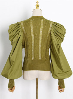 Openwork Knitted Patchwork Lantern Sleeve Blouse