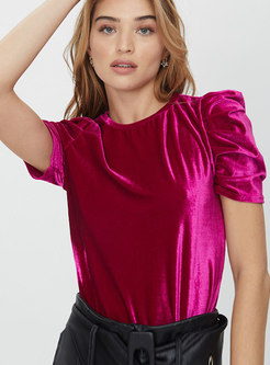 Solid Puff Sleeve Velvet Pullover T-shirt