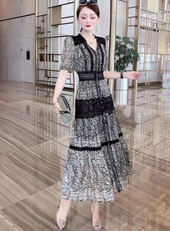 Lace Patchwork High Waisted Print Maxi Dress