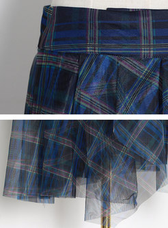 High Waisted A Line Plaid Mesh Maxi Skirt