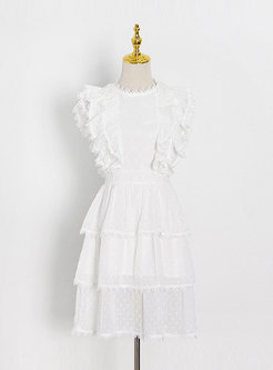 White Mock Neck Lace Polka Dot Tiered Mini Dress