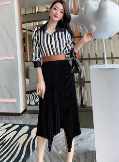 Casual Long Sleeve Striped A Line Pleated Skirt Suits