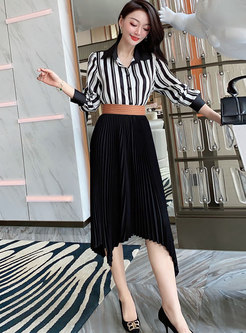 Casual Long Sleeve Striped A Line Pleated Skirt Suits