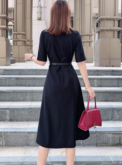 Short Sleeve Belted A Line Midi Dress