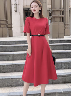 Short Sleeve Belted A Line Midi Dress