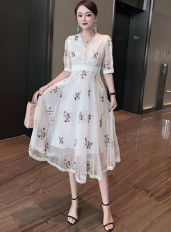 White Polka Dot Embroidered Mesh Midi Dress