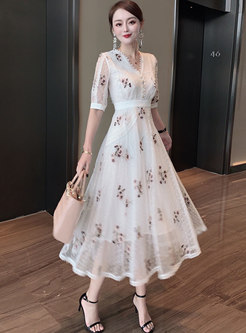 White Polka Dot Embroidered Mesh Midi Dress