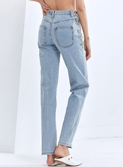 High Waisted Chain Embellished Straight Jeans