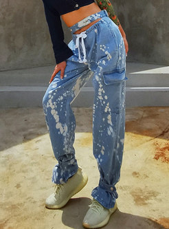 High Waisted Drawstring Tie-dye Straight Jeans