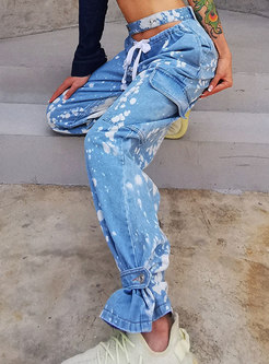 High Waisted Drawstring Tie-dye Straight Jeans