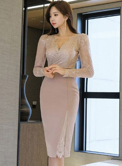 Sexy Lace Long Sleeve Patchwork Bodycon Dress