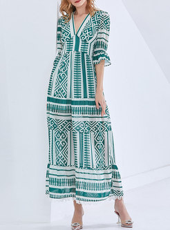 Boho V-neck Flare Sleeve Empire Waist Print Maxi Dress