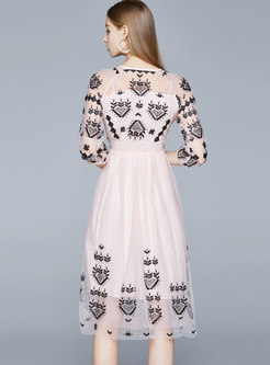 3/4 Sleeve Mesh Embroidered Bridesmaid Dress