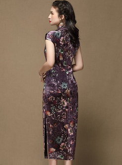 Mandarin Collar Cap Sleeve Print Velvet Cheongsam Dress