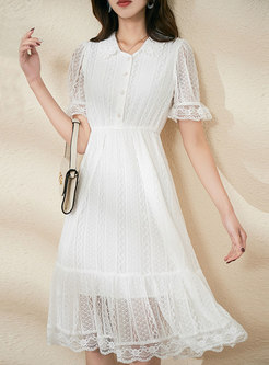 White V-neck High Waisted Lace Knee-length Dress